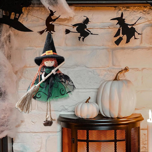 Halloween Witch Doll Hangable Kitchen Decor with Broom Ornament Spooky Witch Figurine