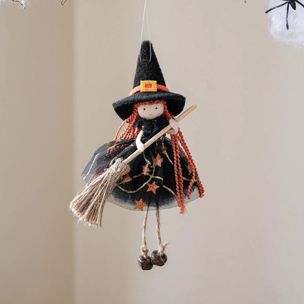 Halloween Witch Doll Hangable Kitchen Decor with Broom Ornament Spooky Witch Figurine
