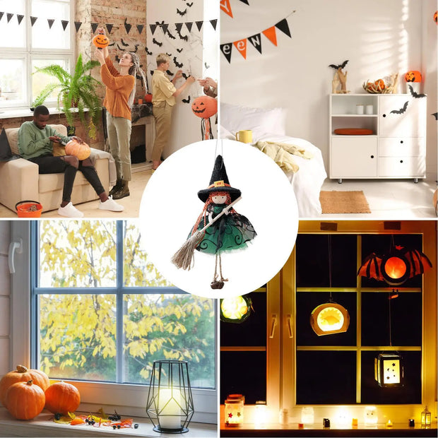 Halloween Witch Doll Hangable Kitchen Decor with Broom Ornament Spooky Witch Figurine