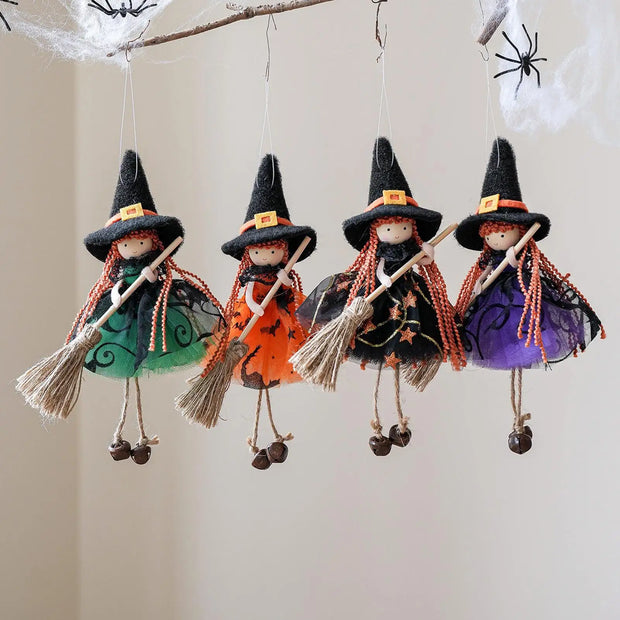 Halloween Witch Doll Hangable Kitchen Decor with Broom Ornament Spooky Witch Figurine