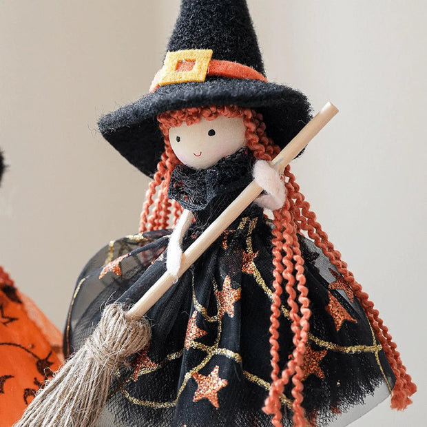 Halloween Witch Doll Hangable Kitchen Decor with Broom Ornament Spooky Witch Figurine