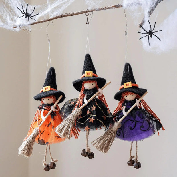 Halloween Witch Doll Hangable Kitchen Decor with Broom Ornament Spooky Witch Figurine