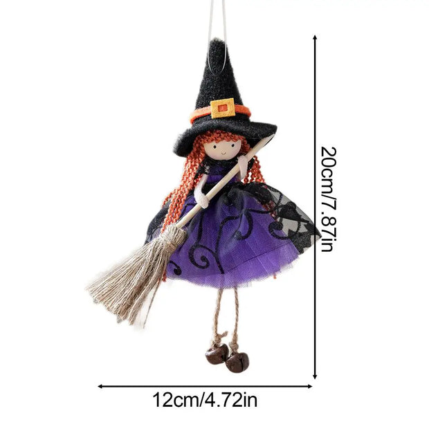 Halloween Witch Doll Hangable Kitchen Decor with Broom Ornament Spooky Witch Figurine