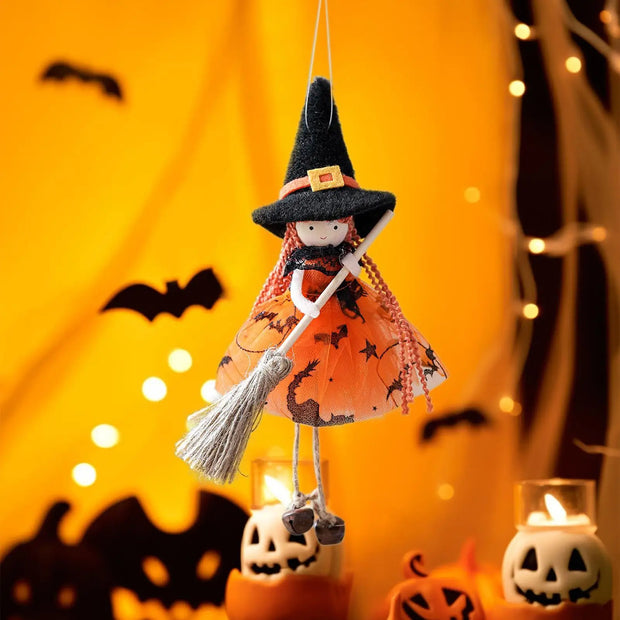 Halloween Witch Doll Hangable Kitchen Decor with Broom Ornament Spooky Witch Figurine