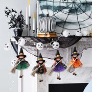 Halloween Witch Doll Hangable Kitchen Decor with Broom Ornament Spooky Witch Figurine