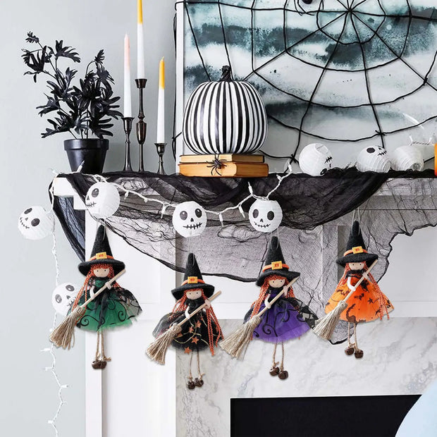 Halloween Witch Doll Hangable Kitchen Decor with Broom Ornament Spooky Witch Figurine