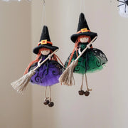 Halloween Witch Doll Hangable Kitchen Decor with Broom Ornament Spooky Witch Figurine