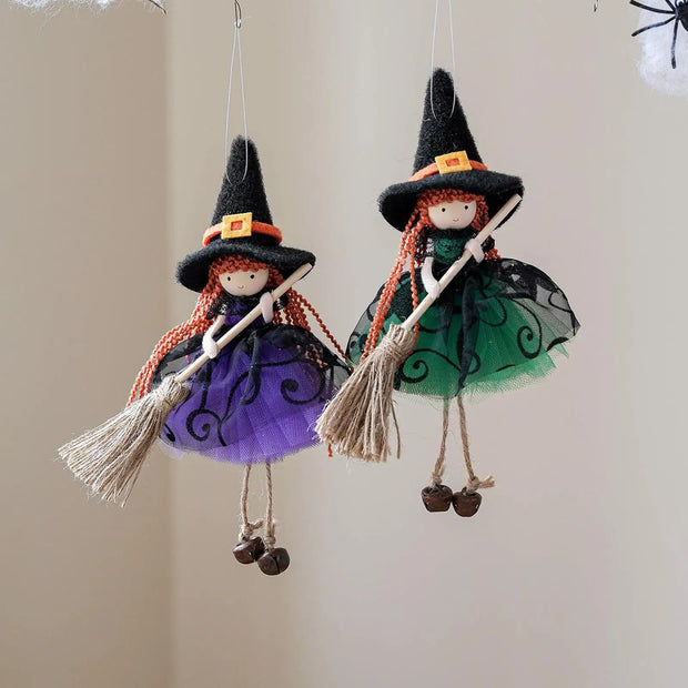 Halloween Witch Doll Hangable Kitchen Decor with Broom Ornament Spooky Witch Figurine