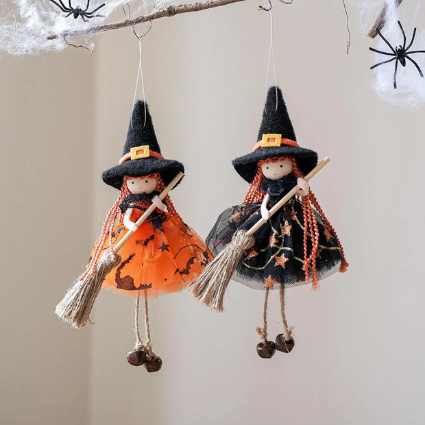 Halloween Witch Doll Hangable Kitchen Decor with Broom Ornament Spooky Witch Figurine