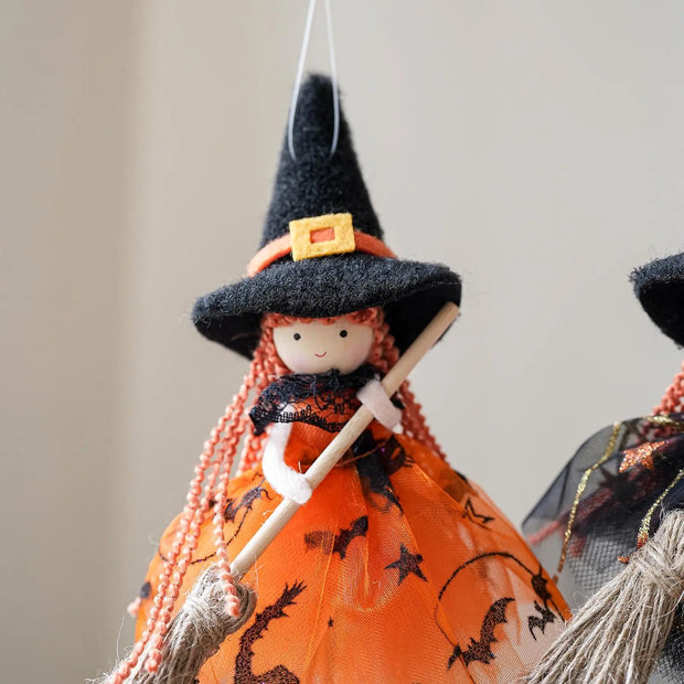 Halloween Witch Doll Hangable Kitchen Decor with Broom Ornament Spooky Witch Figurine