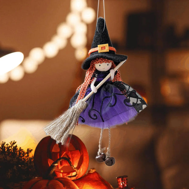 Halloween Witch Doll Hangable Kitchen Decor with Broom Ornament Spooky Witch Figurine